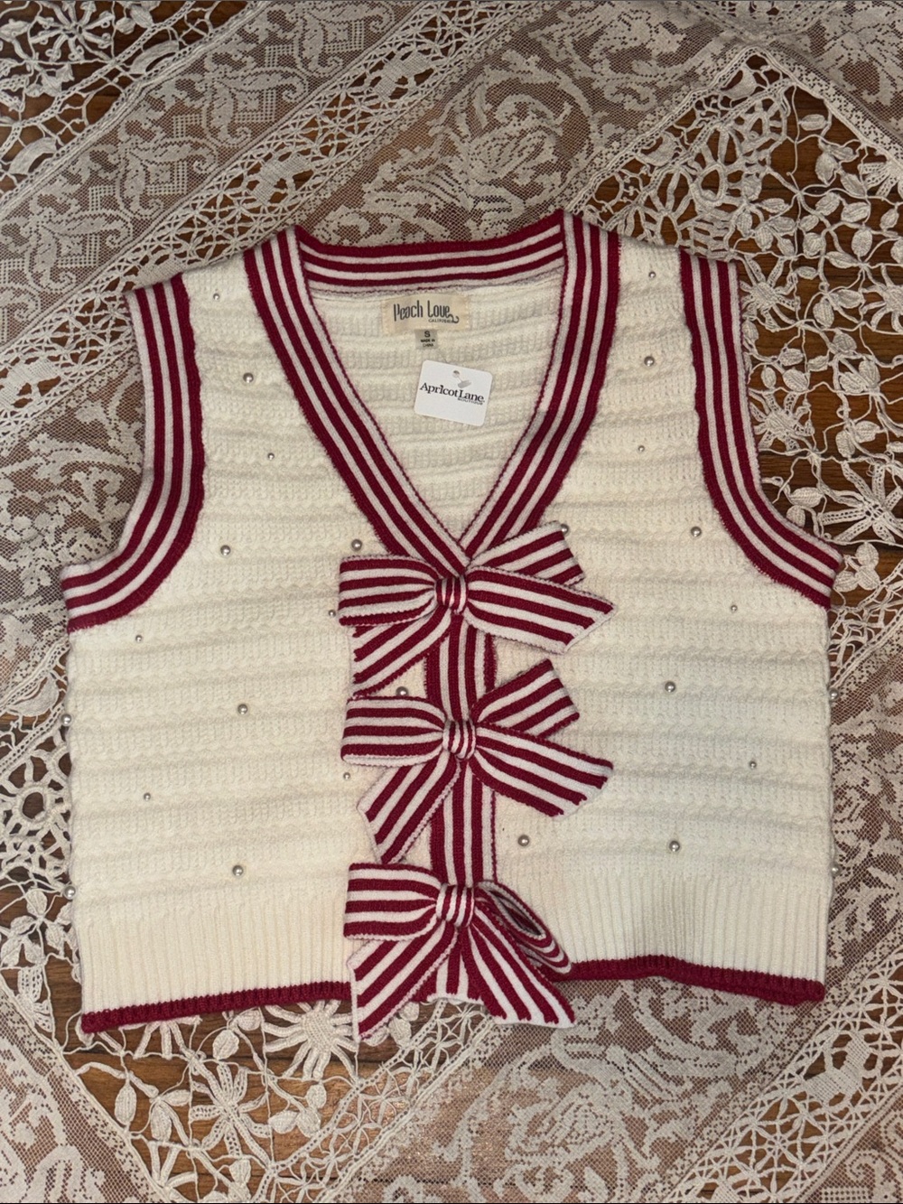 Peach Love California Ivory Sweater Vest with Red Striped Trim